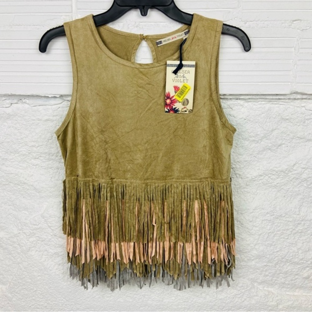 NWT CHELSEA & VIOLET tan & pink faux suede western boho fringe shirt size XS